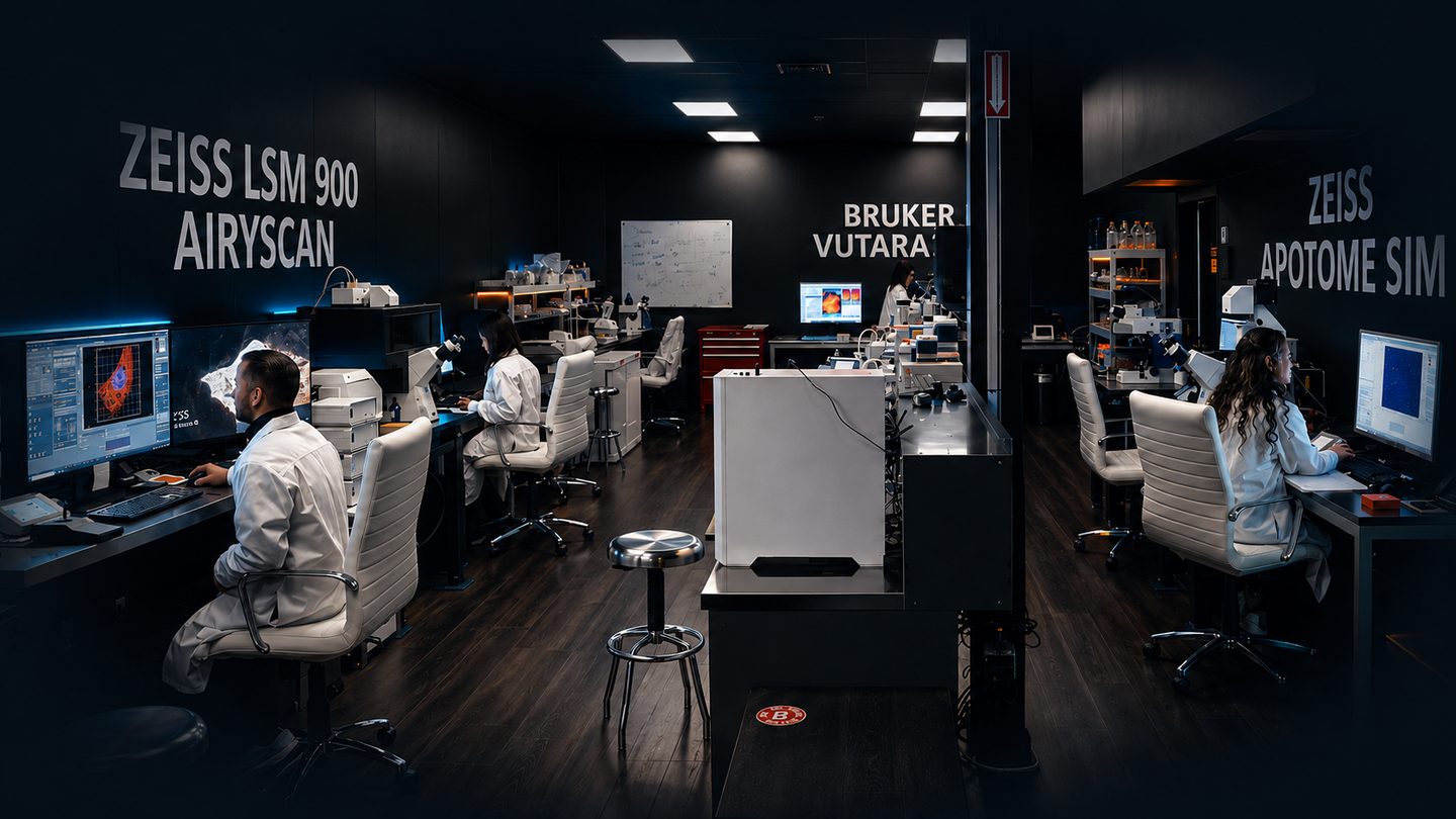 Scientists at workstations inside the Identifyn and BENNETT laboratory, with Zeiss LSM 900 Airyscan, Bruker Vutara and Zeiss ApoTome SIM instrument bays labelled on the walls.